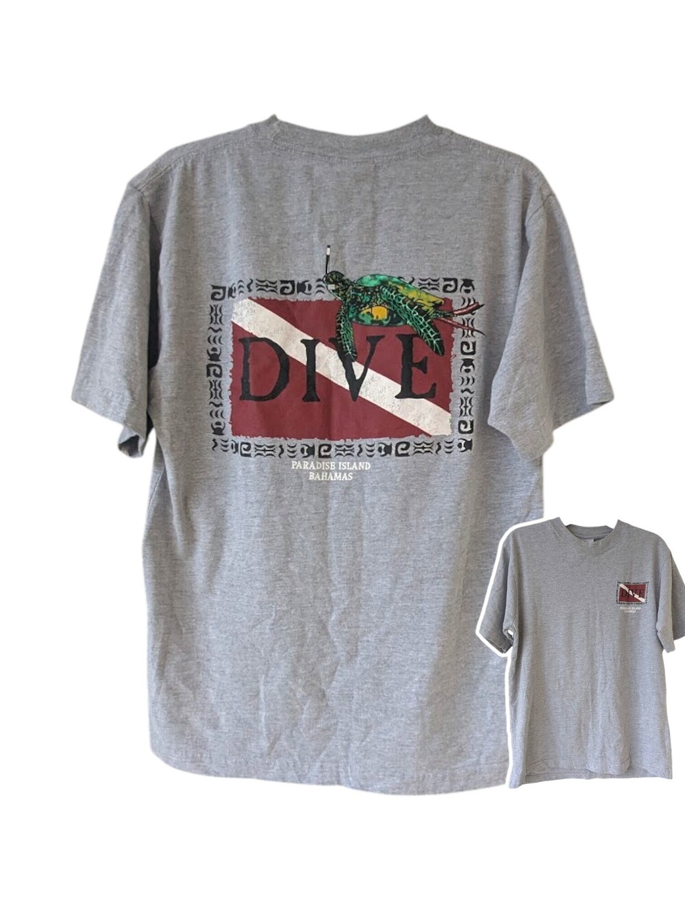 Vintage Y2K M Dive Paradise Island Bahamas T-Shirt Turtle Resort Gray 19.5x26.5